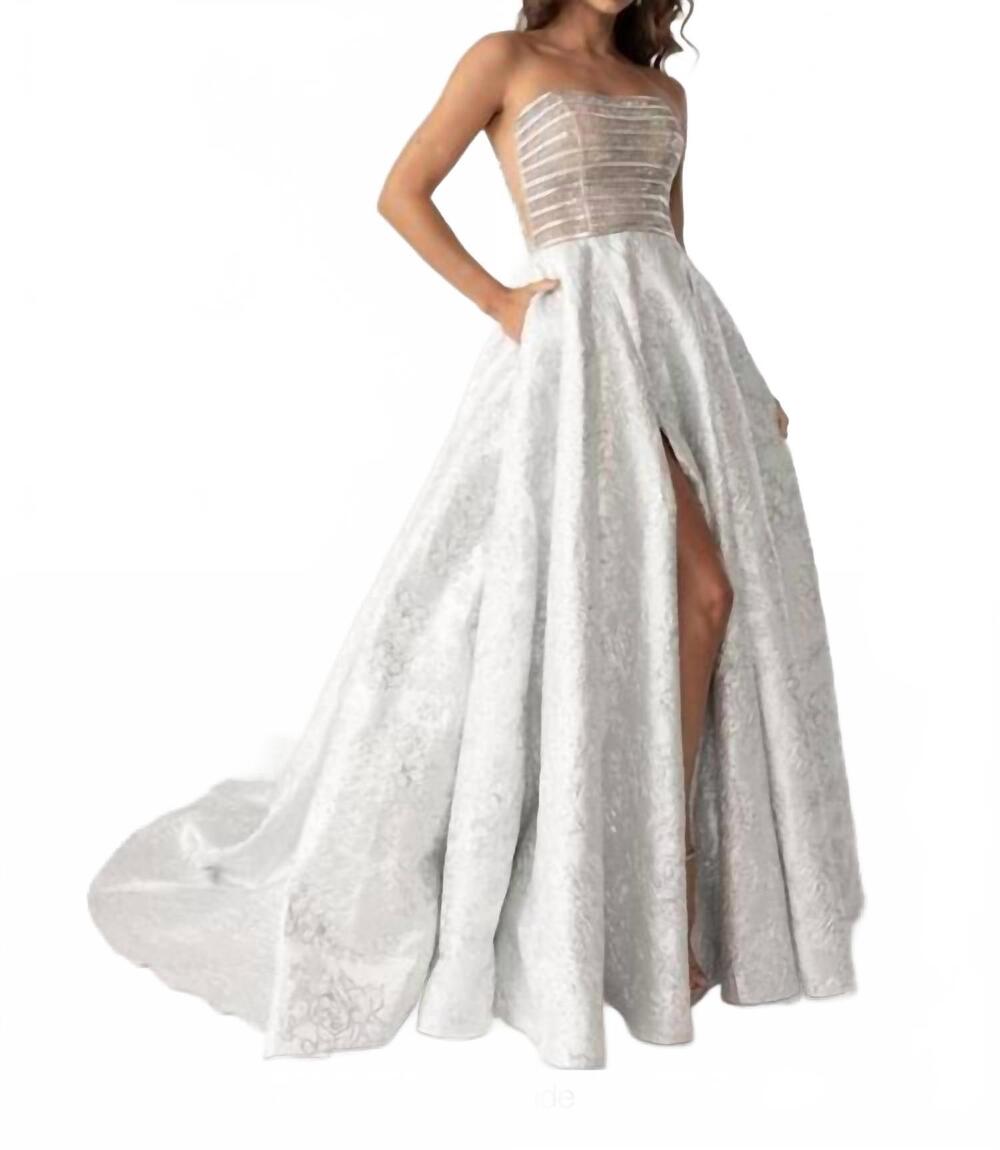 NEW RACHEL ALLAN jacquard strapless a-line prom gown in silver nude